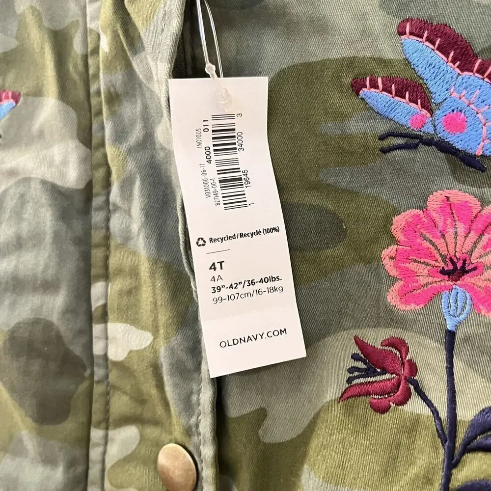 Old Navy Camo Hooded Jacket Floral Butterfly Embroidered Girls Size 4T NWT